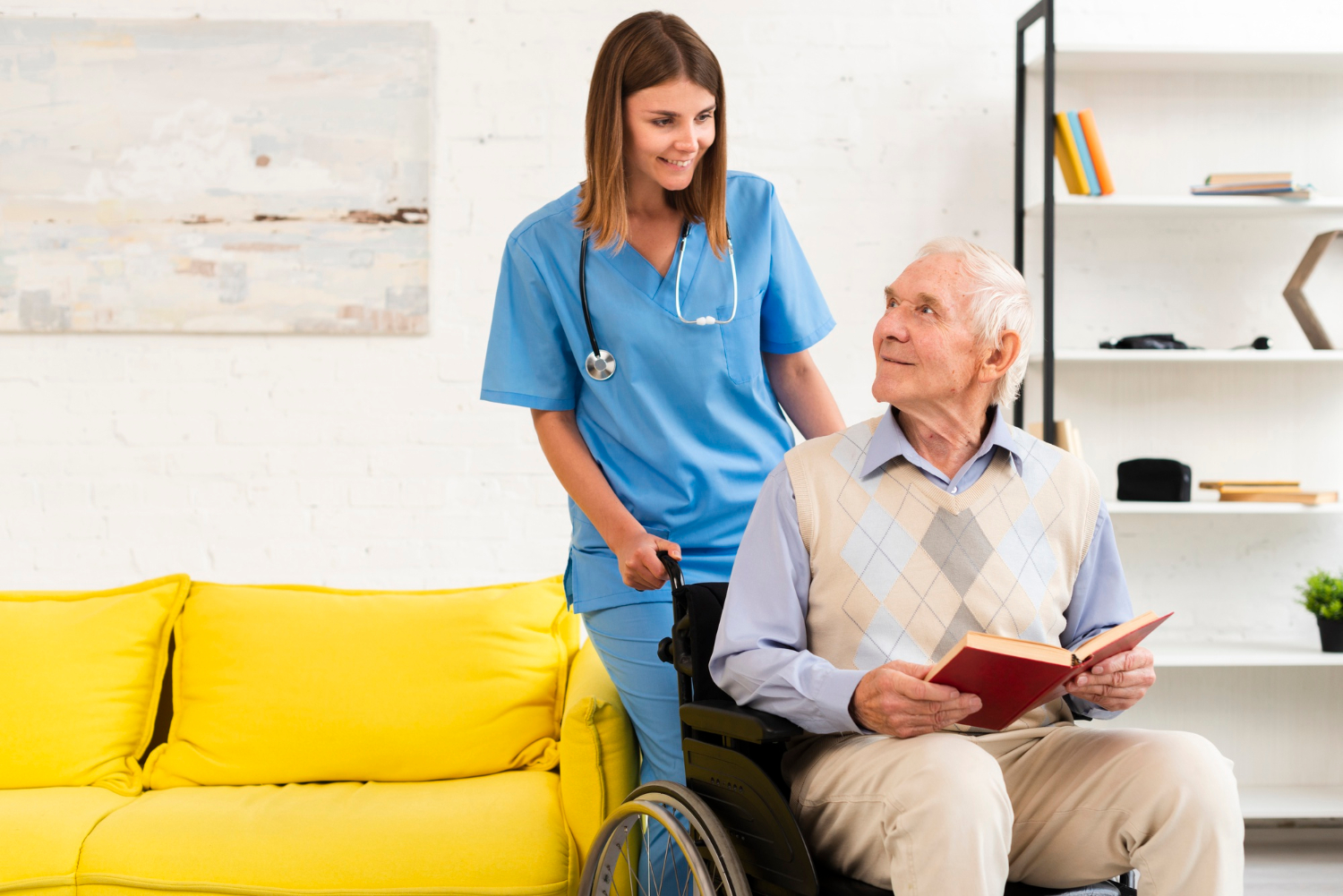 a nurse smiling with elderly man